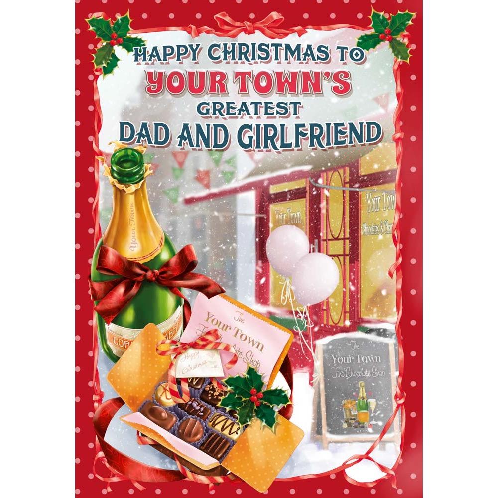 funny christmas card for a dad and girlfriend with a colourful cartoon illustration