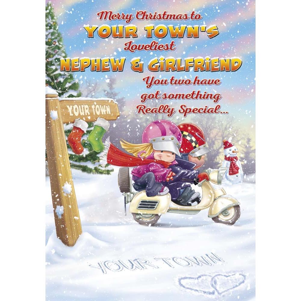 funny christmas card for a nephew and girlfriend with a colourful cartoon illustration