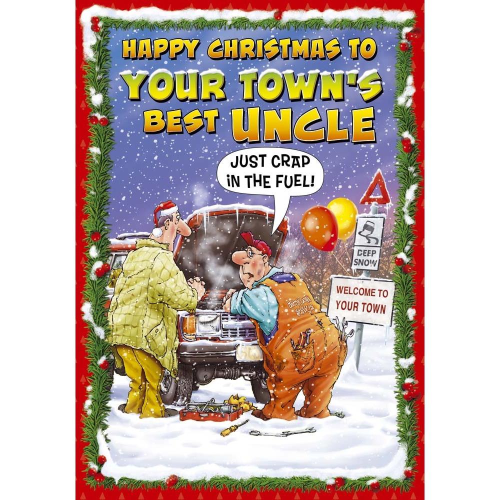 funny christmas card for a uncle with a colourful cartoon illustration