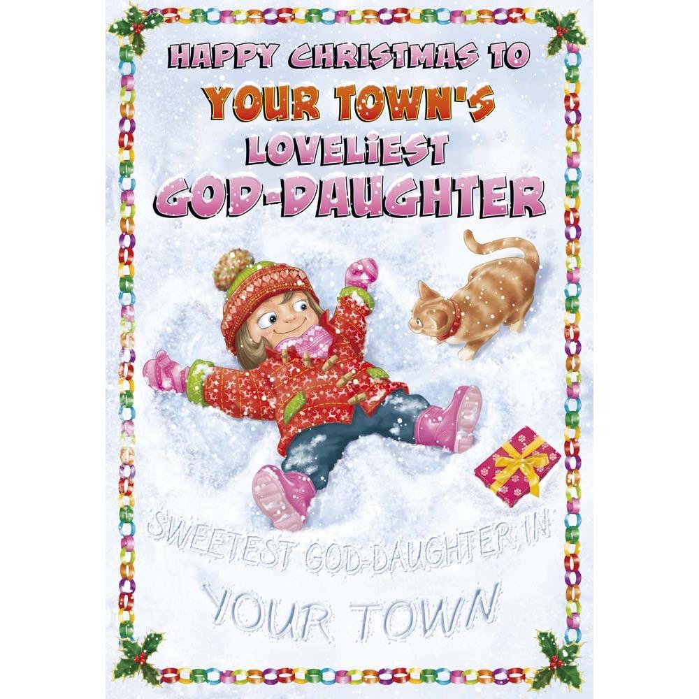 funny christmas card for a goddaughter with a colourful cartoon illustration