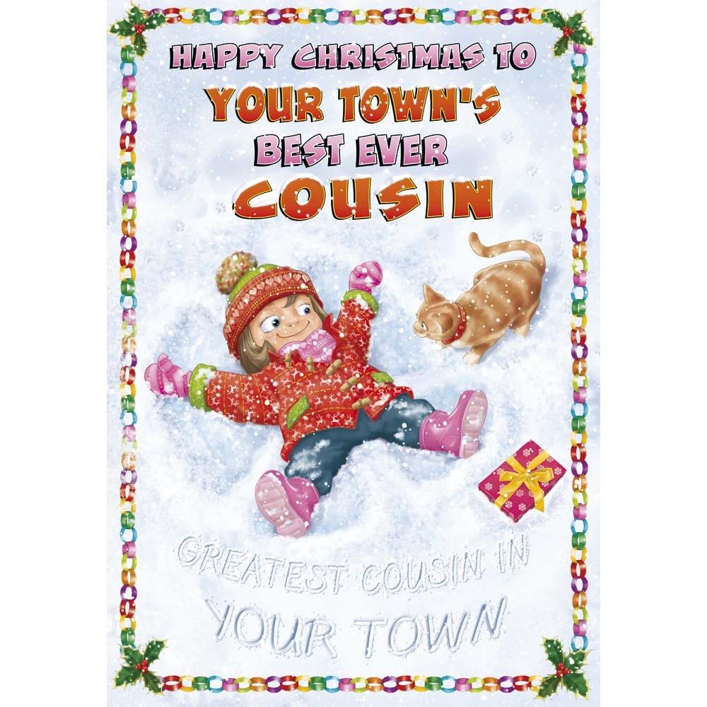 funny christmas card for a cousin female with a colourful cartoon illustration