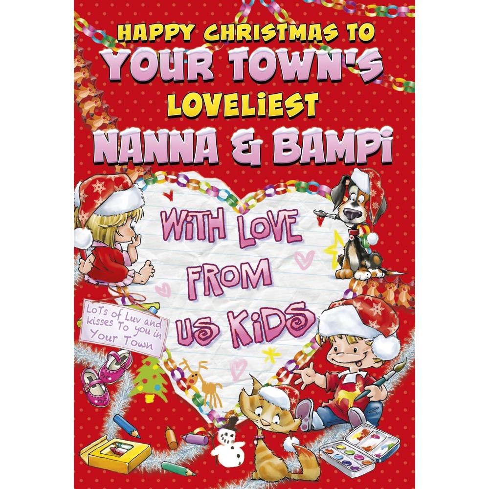 funny christmas card for a nanna and bampi with a colourful cartoon illustration