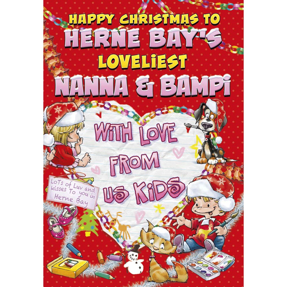 front of card showing a selection of different personalisations of this cartoon christmas card for a nanna and bampi