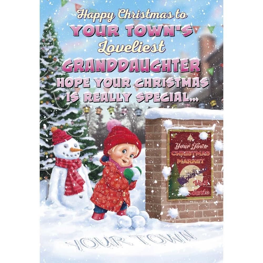 funny christmas card for a granddaughter with a colourful cartoon illustration