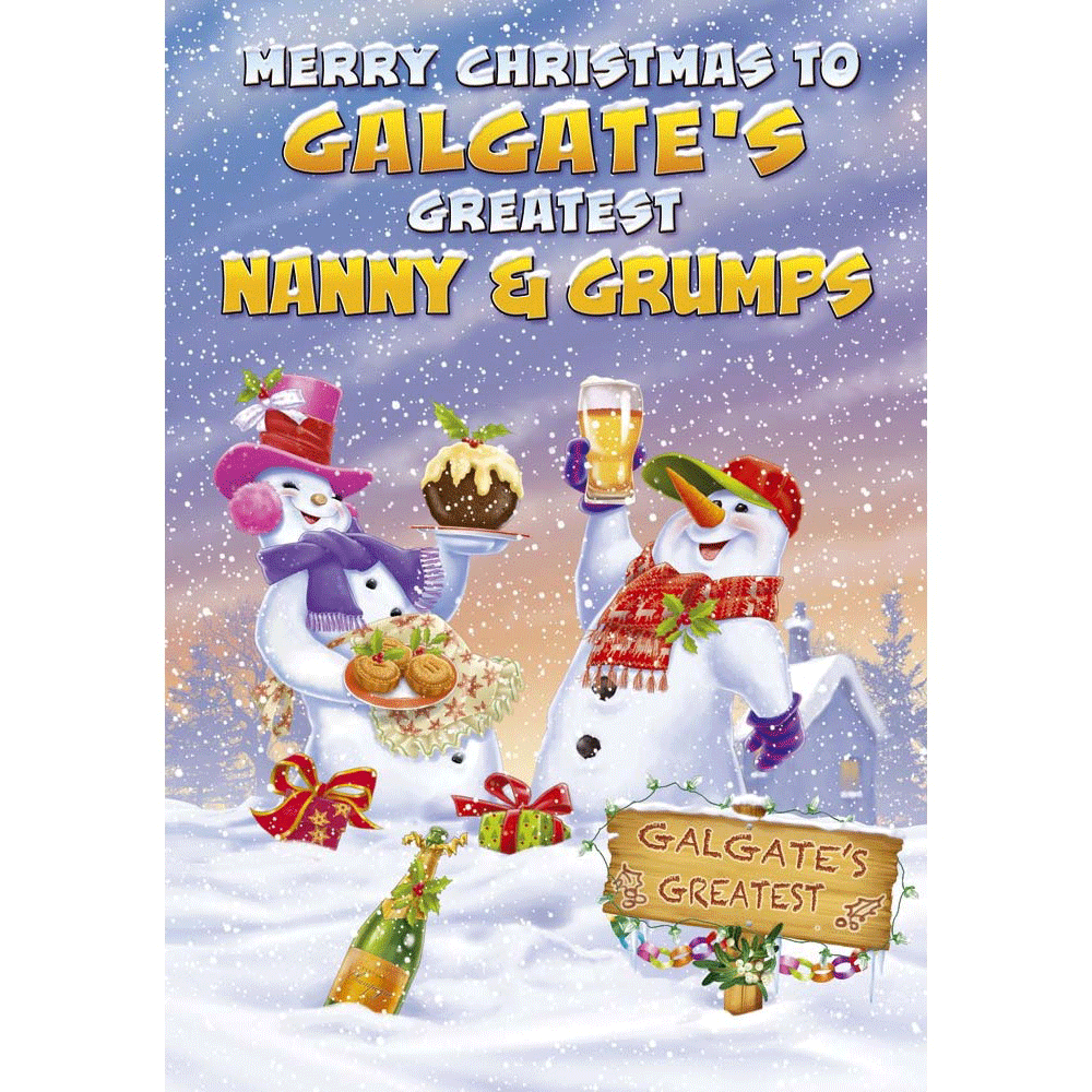 front of card showing a selection of different personalisations of this cartoon christmas card for a nanny and grumps