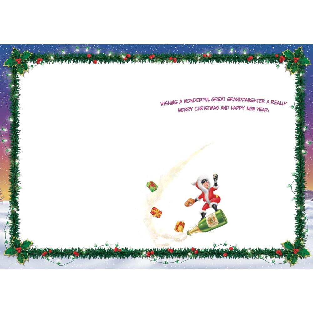 inside full colour cartoon illustration of christmas card for a great granddaughter