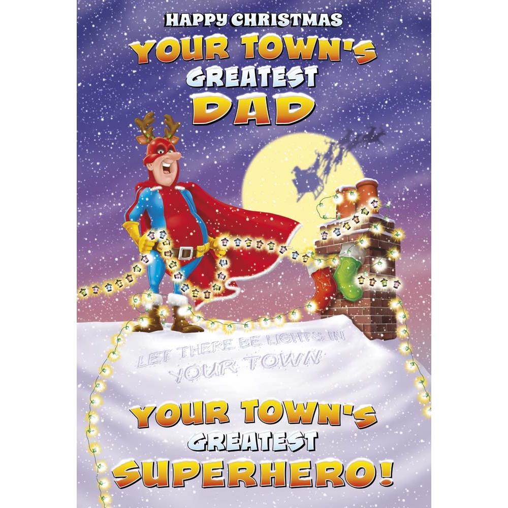 funny christmas card for a dad with a colourful cartoon illustration