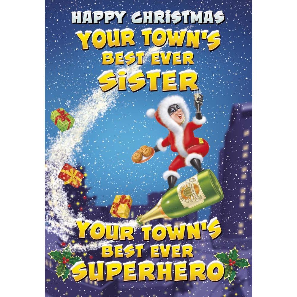 funny christmas card for a sister with a colourful cartoon illustration