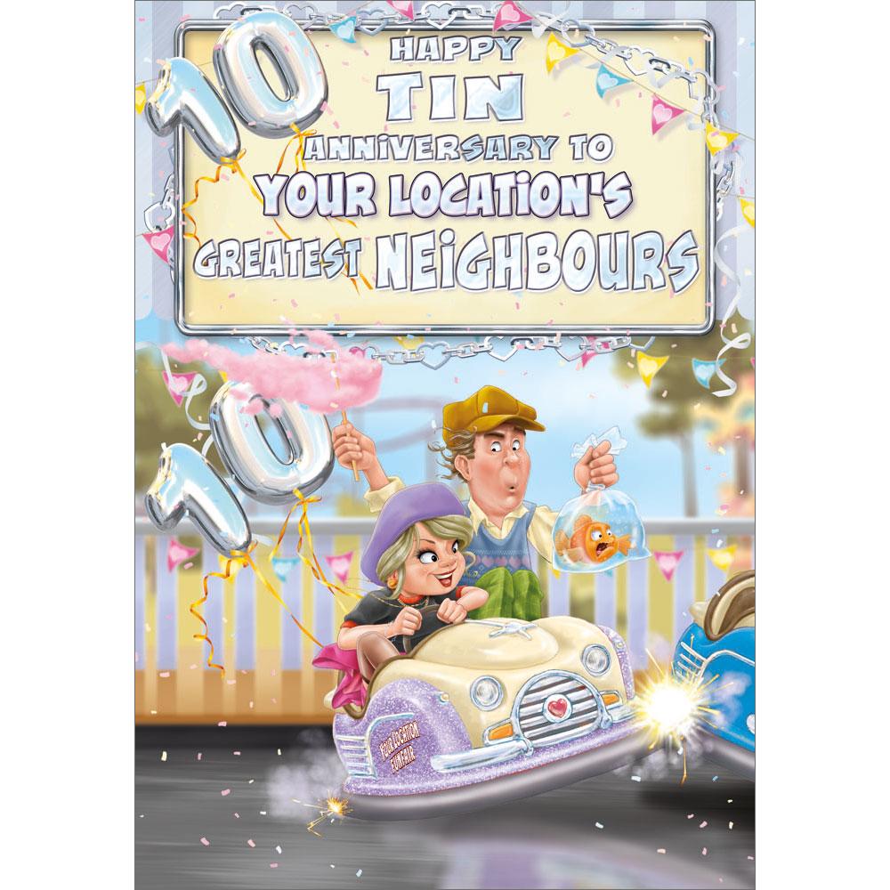 10th (tin) anniversary greeting card featuring humour illustration for a neighbours from the studio classic range