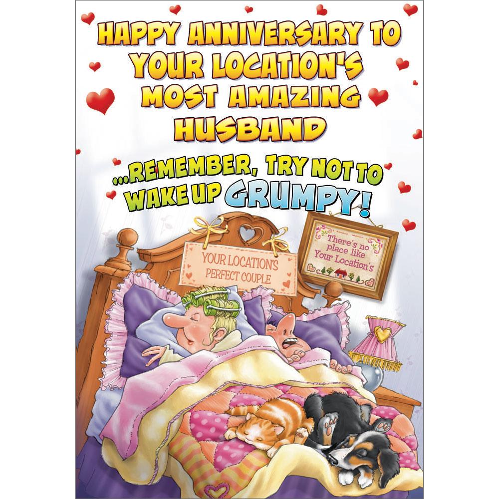 anniversary greeting card featuring humour illustration for a husband from the up your street range
