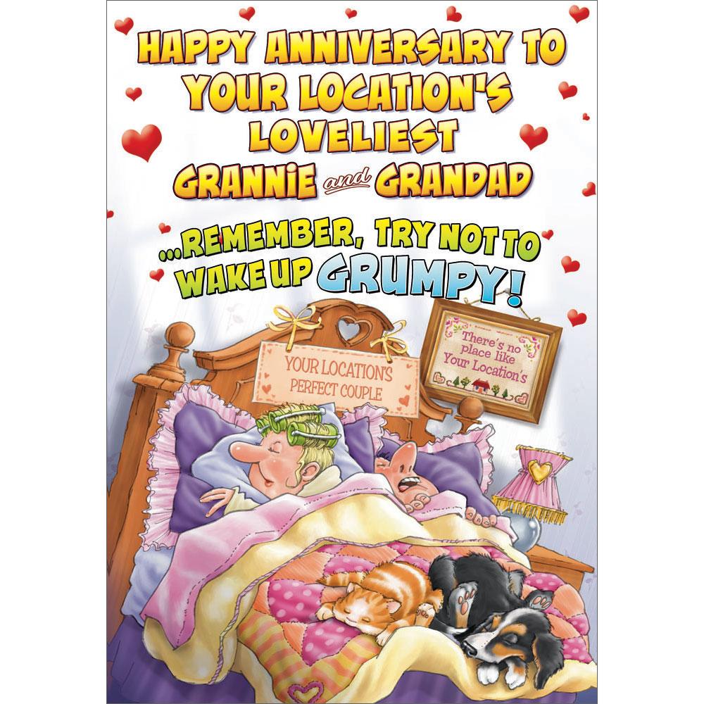 anniversary greeting card featuring humour illustration for a grannie and grandad from the up your street range