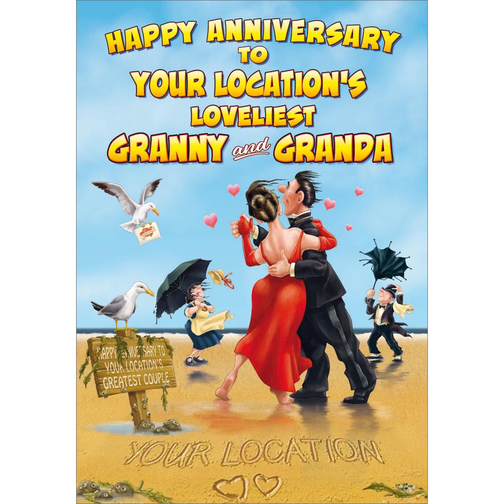 anniversary greeting card featuring humour illustration for a granny and granda from the up your street range