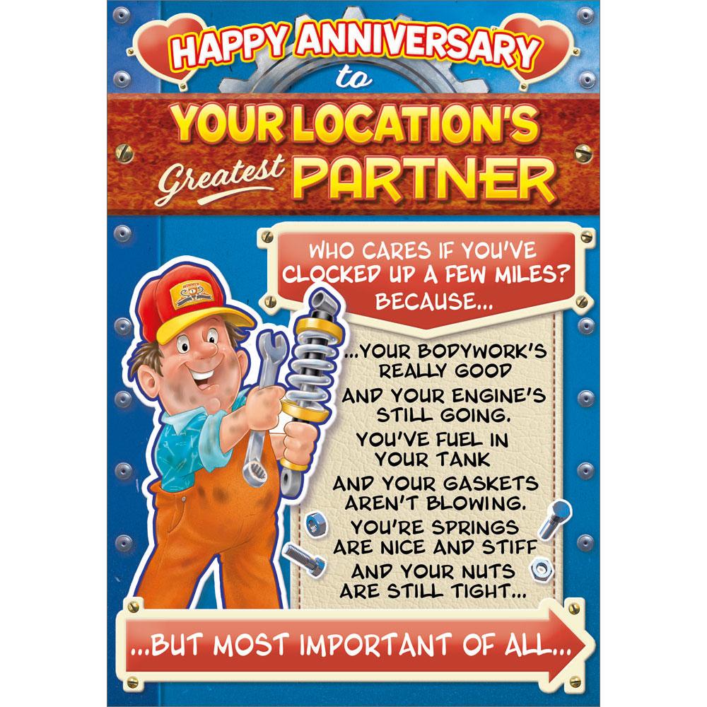 anniversary greeting card featuring humour illustration for a partner from the up your street range