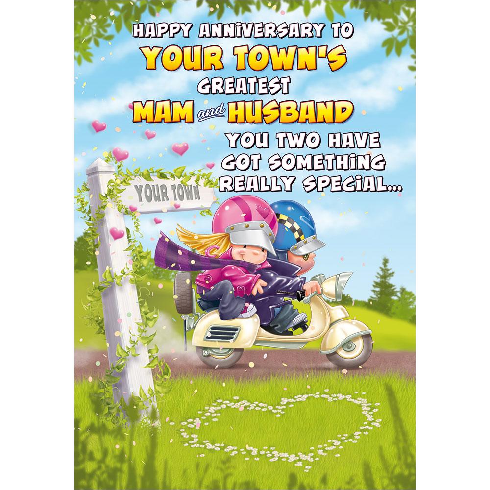 anniversary greeting card featuring humour illustration for a mam and husband from the up your street range