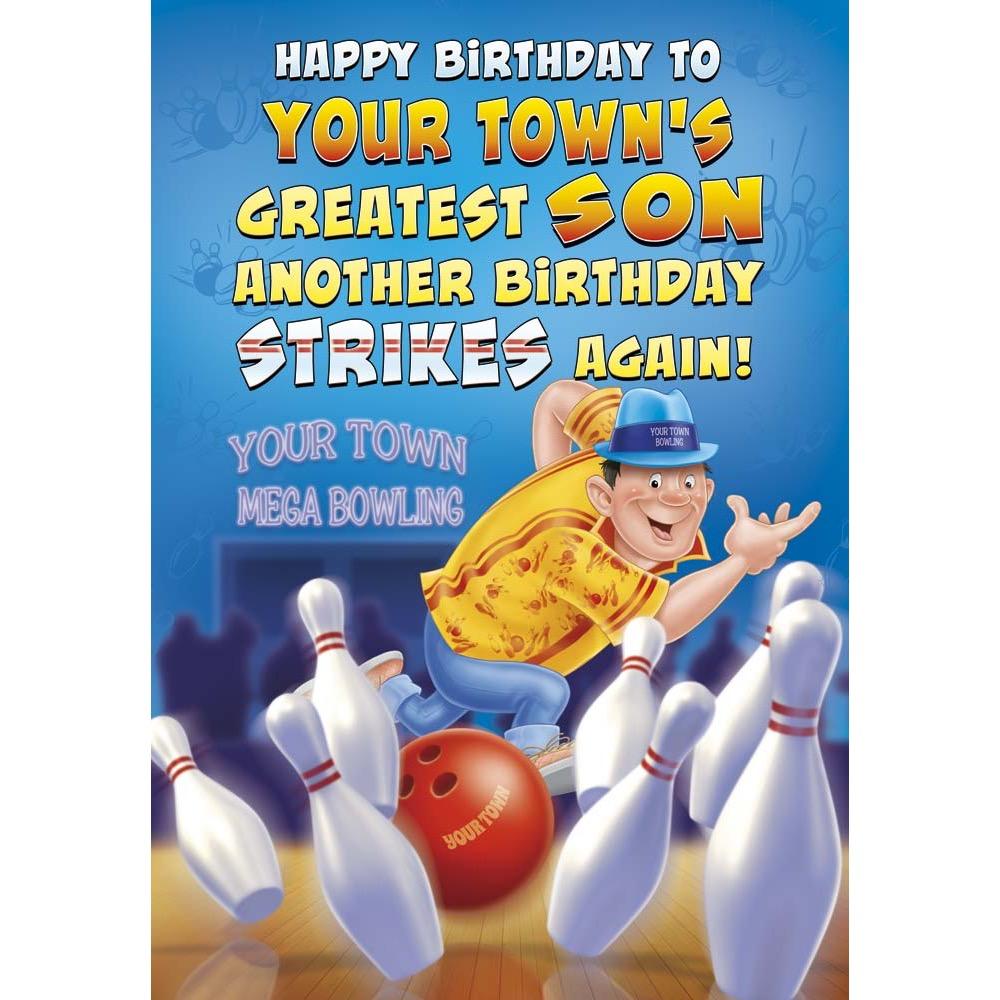 funny birthday card for a son with a colourful cartoon illustration