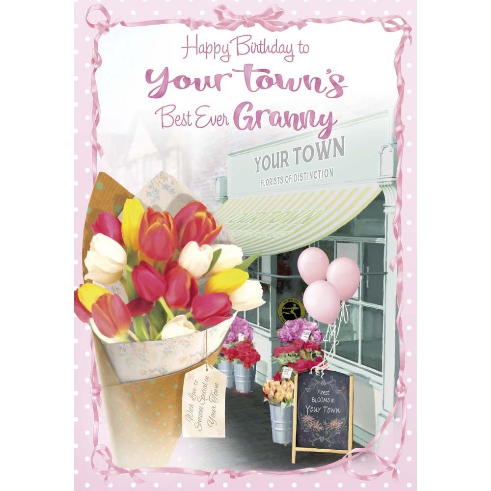 classic birthday card for a granny with a colourful realistic illustration