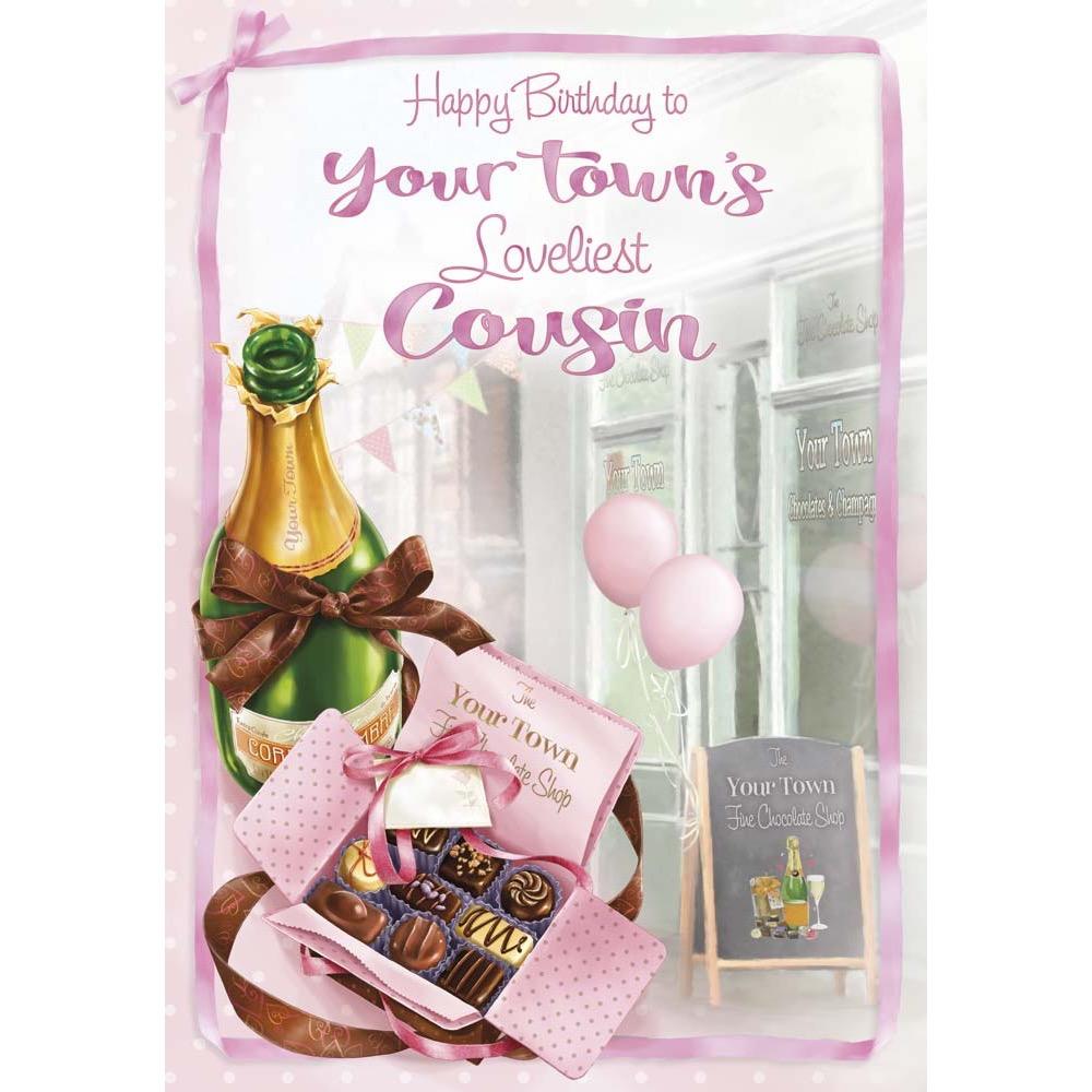 classic birthday card for a cousin female with a colourful realistic illustration