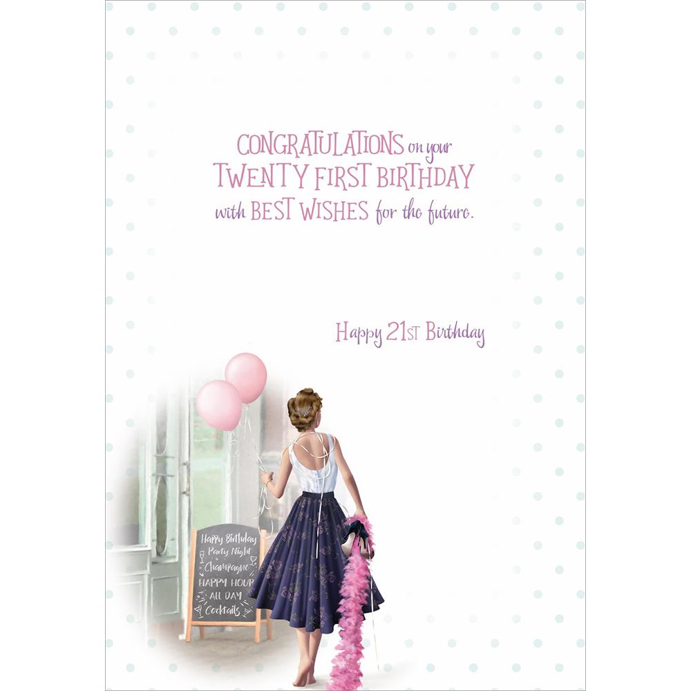 inside full colour contemporary illustration of age 21 card for a female