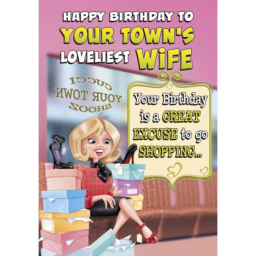 funny birthday card for a wife with a colourful cartoon illustration