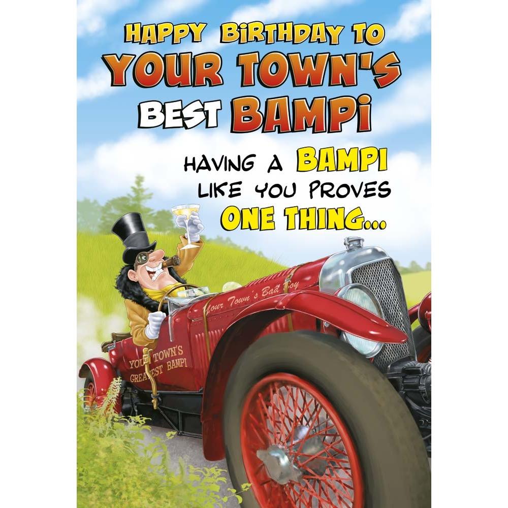 funny birthday card for a bampi with a colourful cartoon illustration