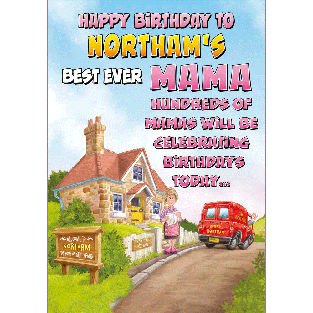 front of card showing a selection of different personalisations of this cartoon birthday card for a mama