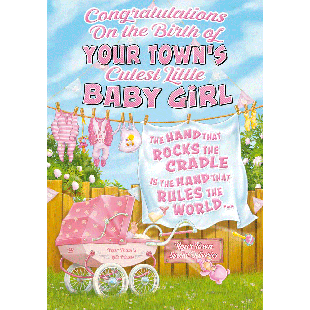 front of card showing a selection of different personalisations of this cartoon new baby congratulations card for a girl