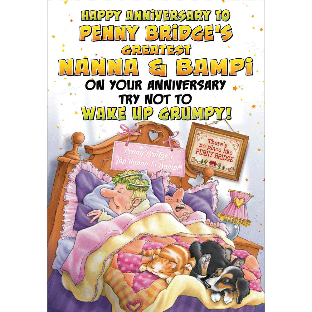 front of card showing a selection of different personalisations of this cartoon anniv wedding card for a nanna and bampi