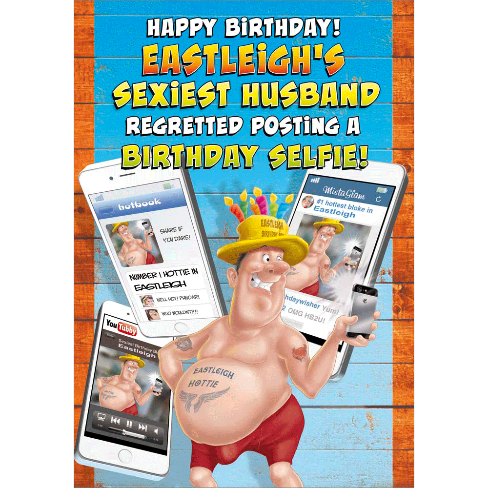 front of card showing a selection of different personalisations of this cartoon birthday card for a husband