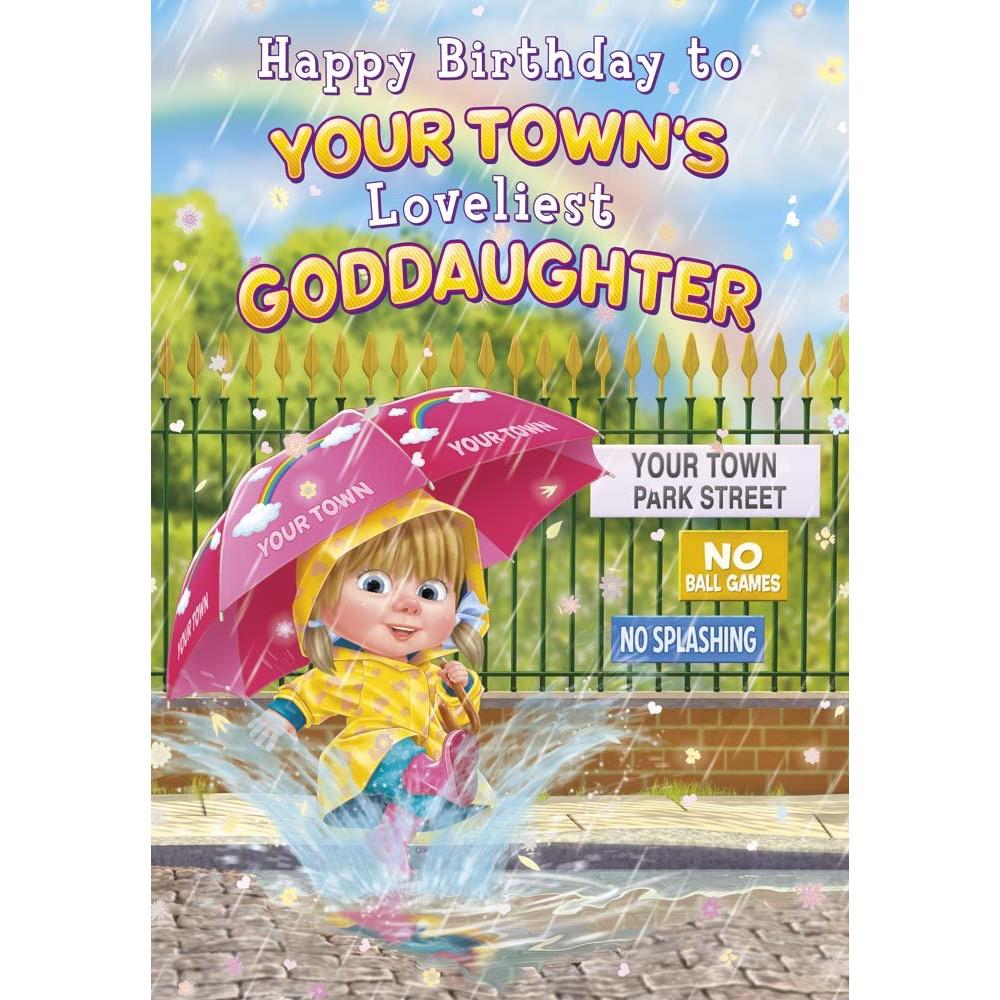 kids birthday card for a goddaughter with a colourful great illustration