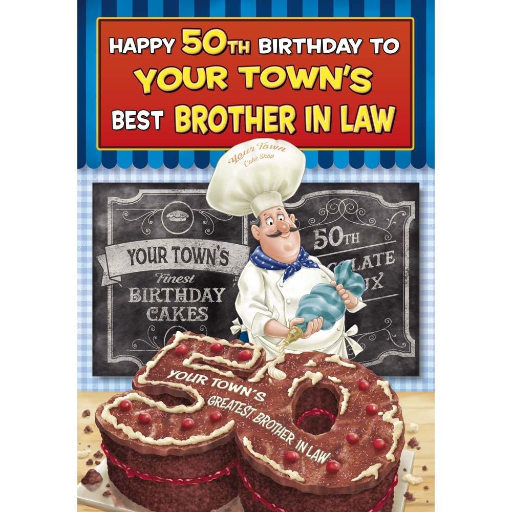 funny age 50 card for a brother in law with a colourful cartoon illustration