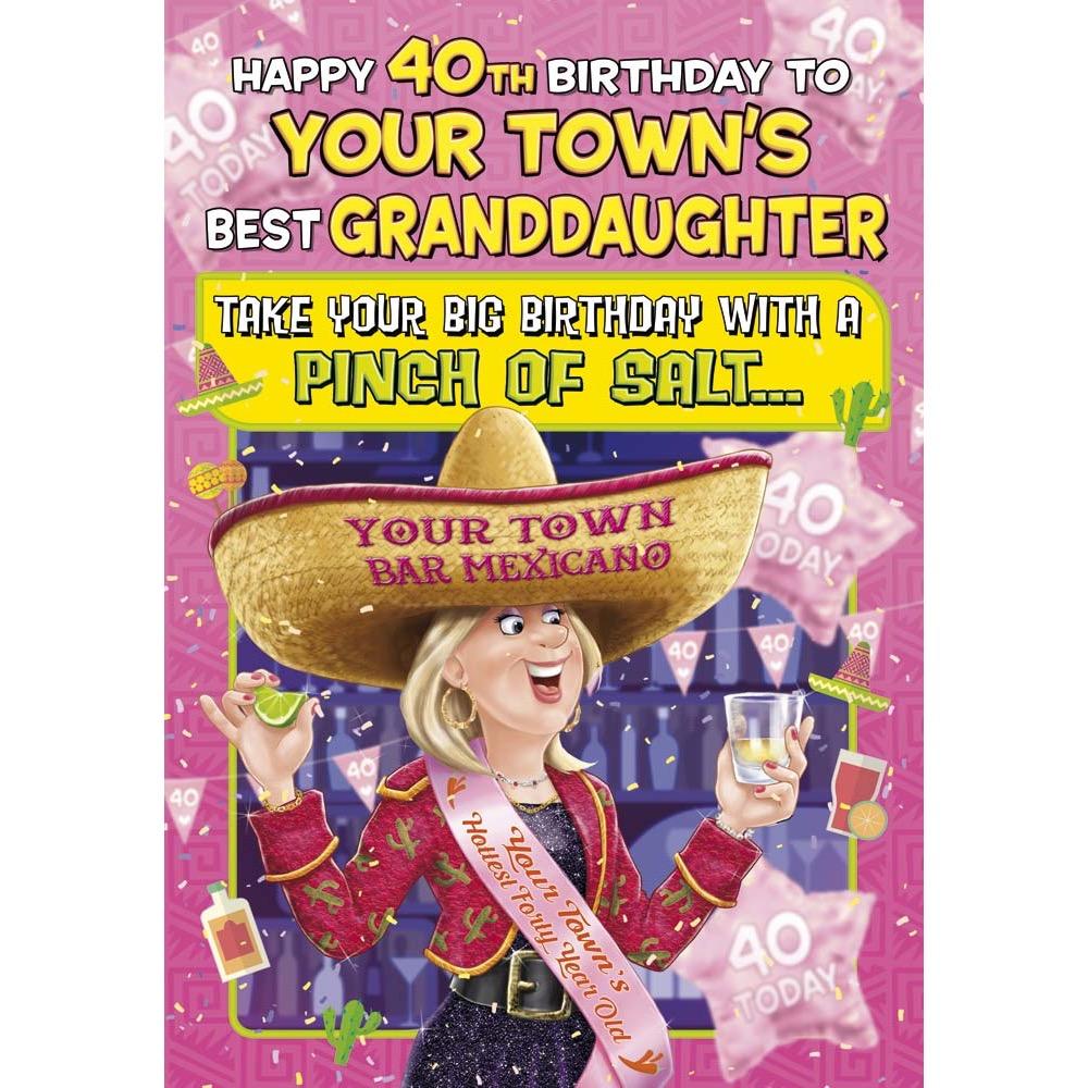 funny age 40 card for a granddaughter with a colourful cartoon illustration