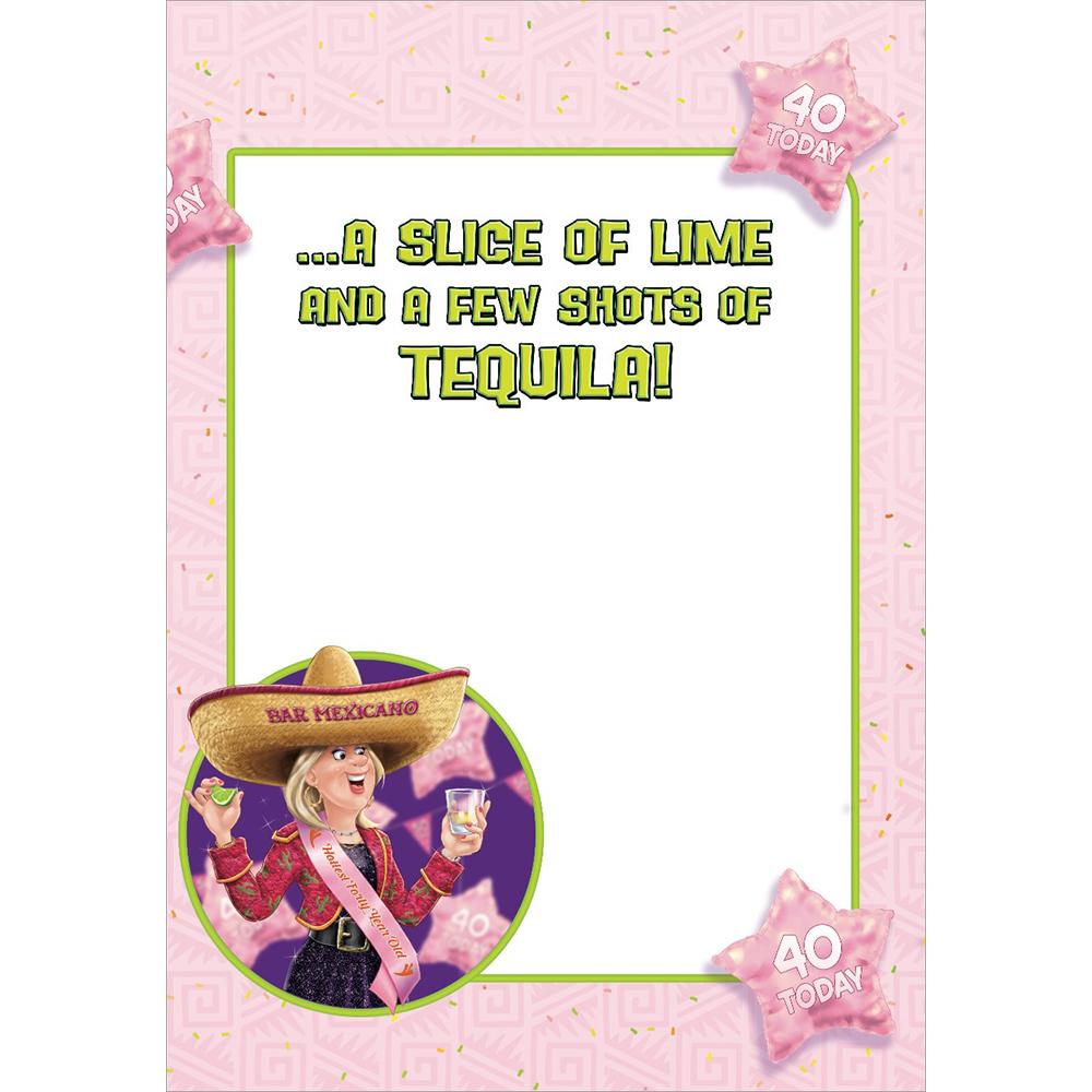 inside full colour cartoon illustration of age 40 card for a female
