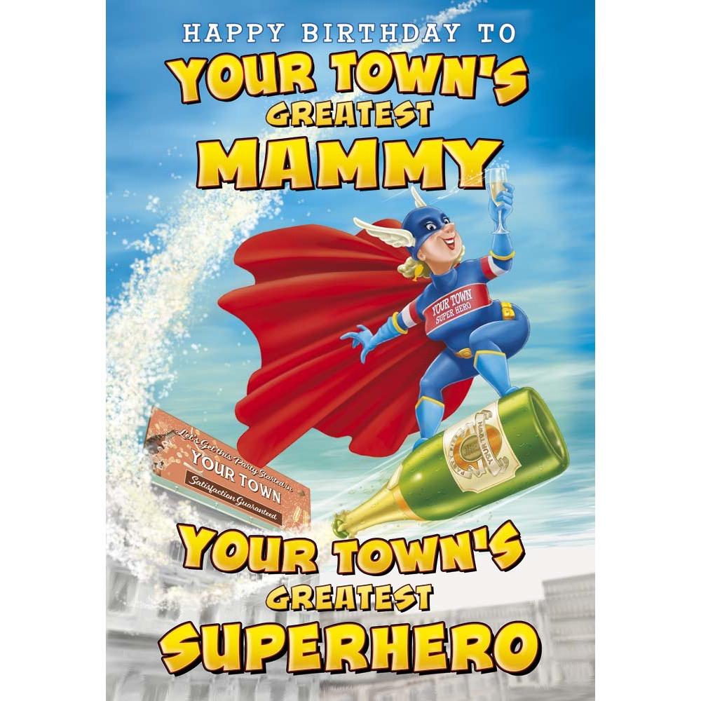 funny birthday card for a mammy with a colourful cartoon illustration