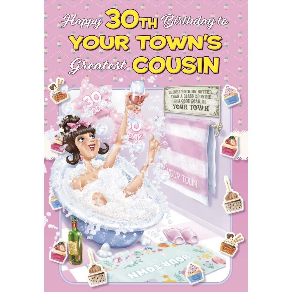 funny age 30 card for a cousin female with a colourful cartoon illustration