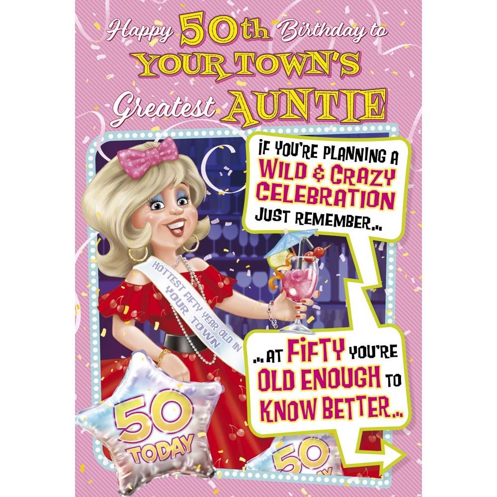 funny age 50 card for a auntie with a colourful cartoon illustration