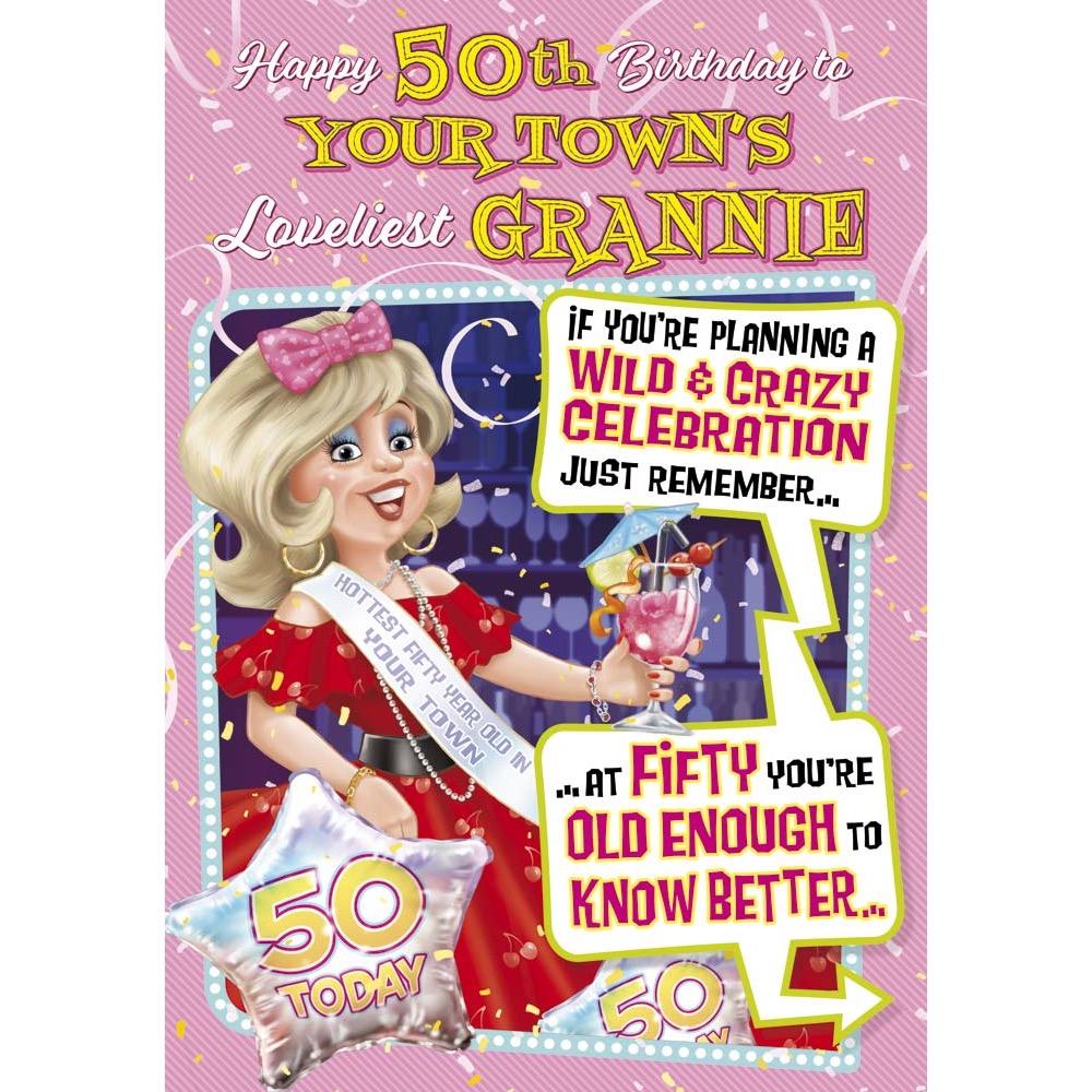 funny age 50 card for a grannie with a colourful cartoon illustration