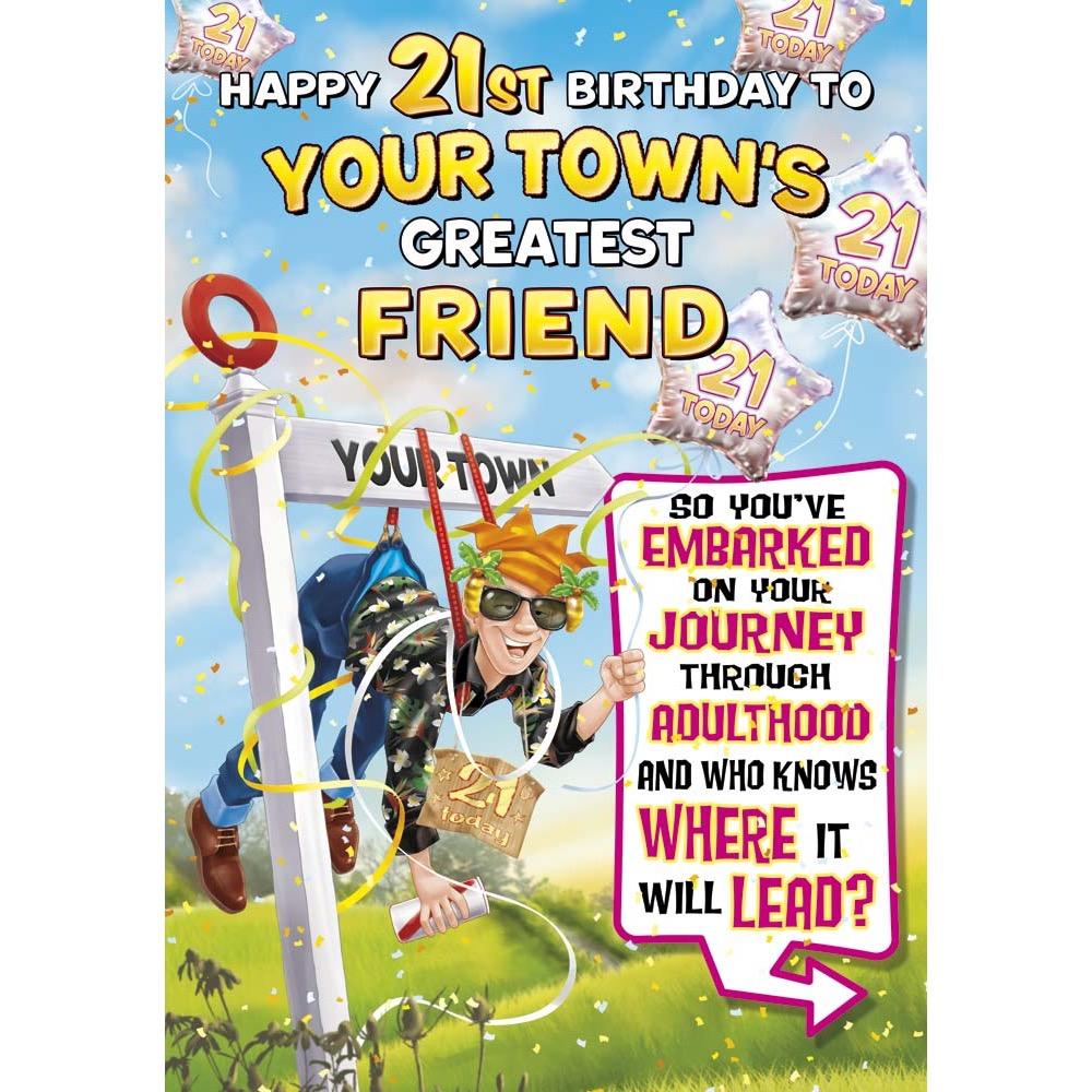 funny age 21 card for a greatest friend with a colourful cartoon illustration