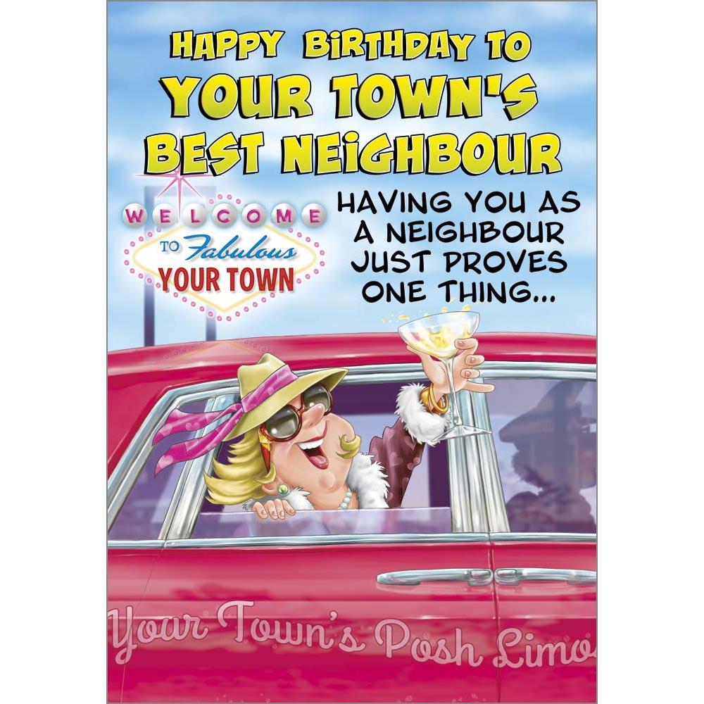 funny birthday card for a neighbour with a colourful cartoon illustration