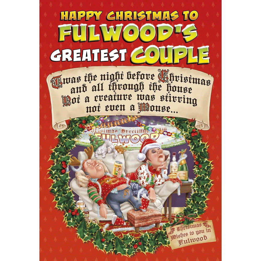 front of card showing a selection of different personalisations of this cartoon christmas card for a special couple