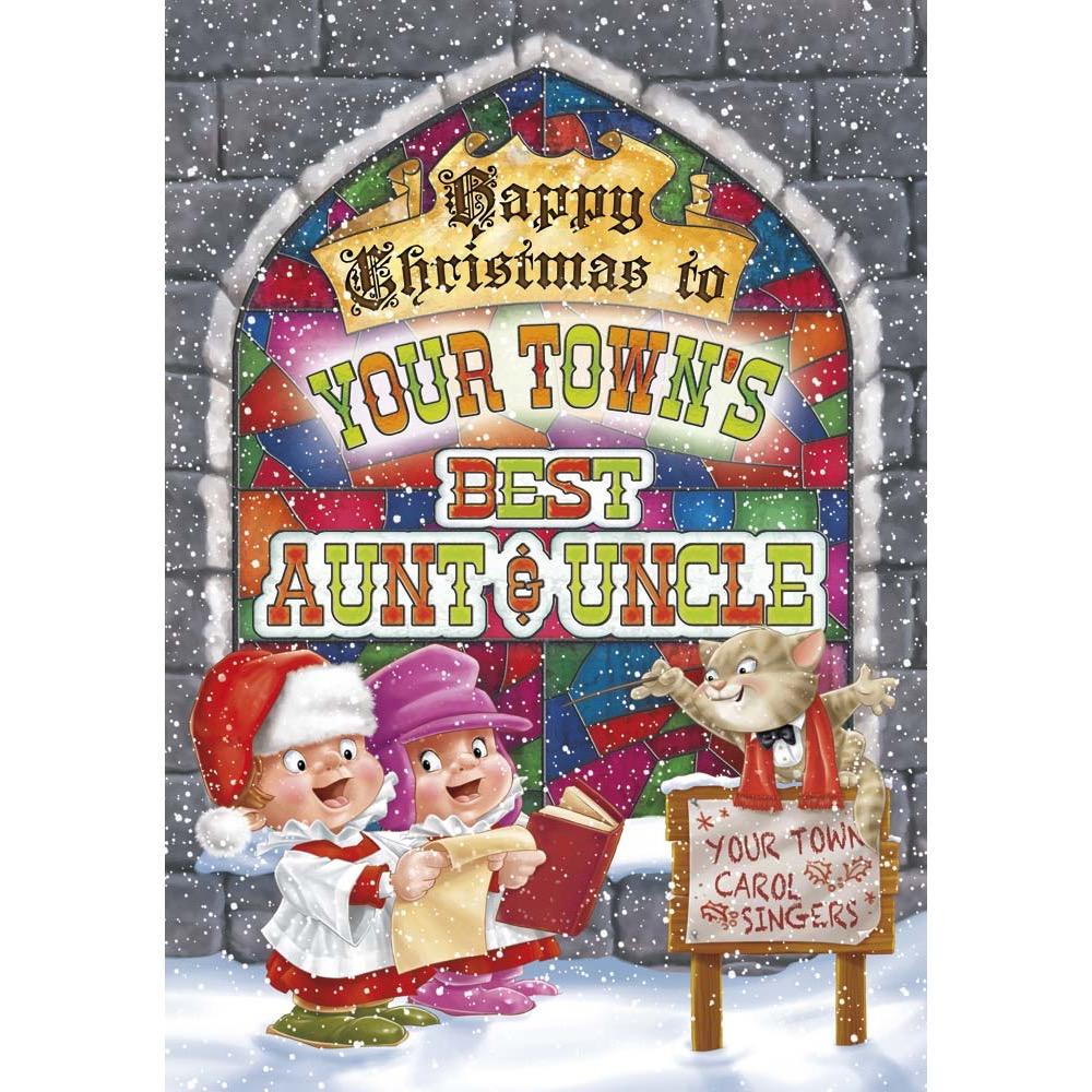 funny christmas card for a aunt and uncle with a colourful cartoon illustration