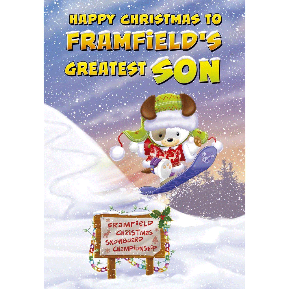 front of card showing a selection of different personalisations of this cartoon christmas card for a son