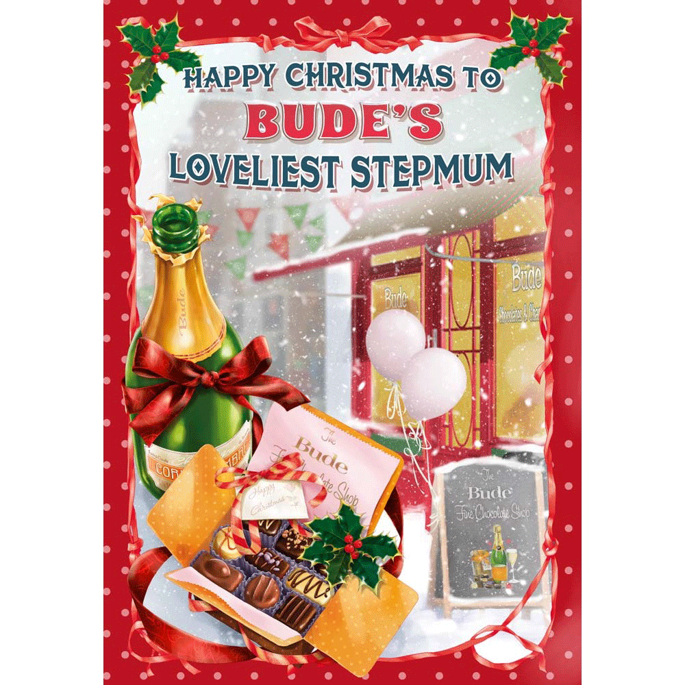 front of card showing a selection of different personalisations of this cartoon christmas card for a stepmum