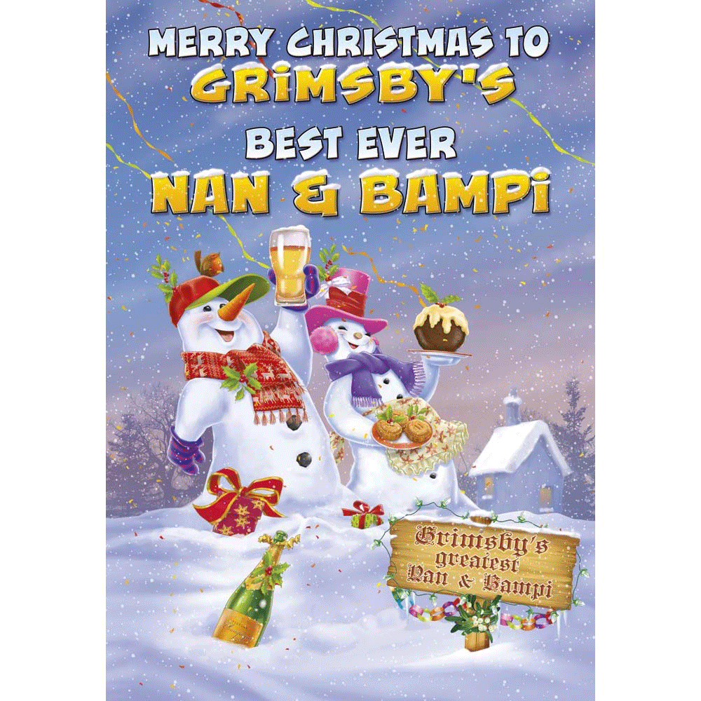 front of card showing a selection of different personalisations of this cartoon christmas card for a nan and bampi
