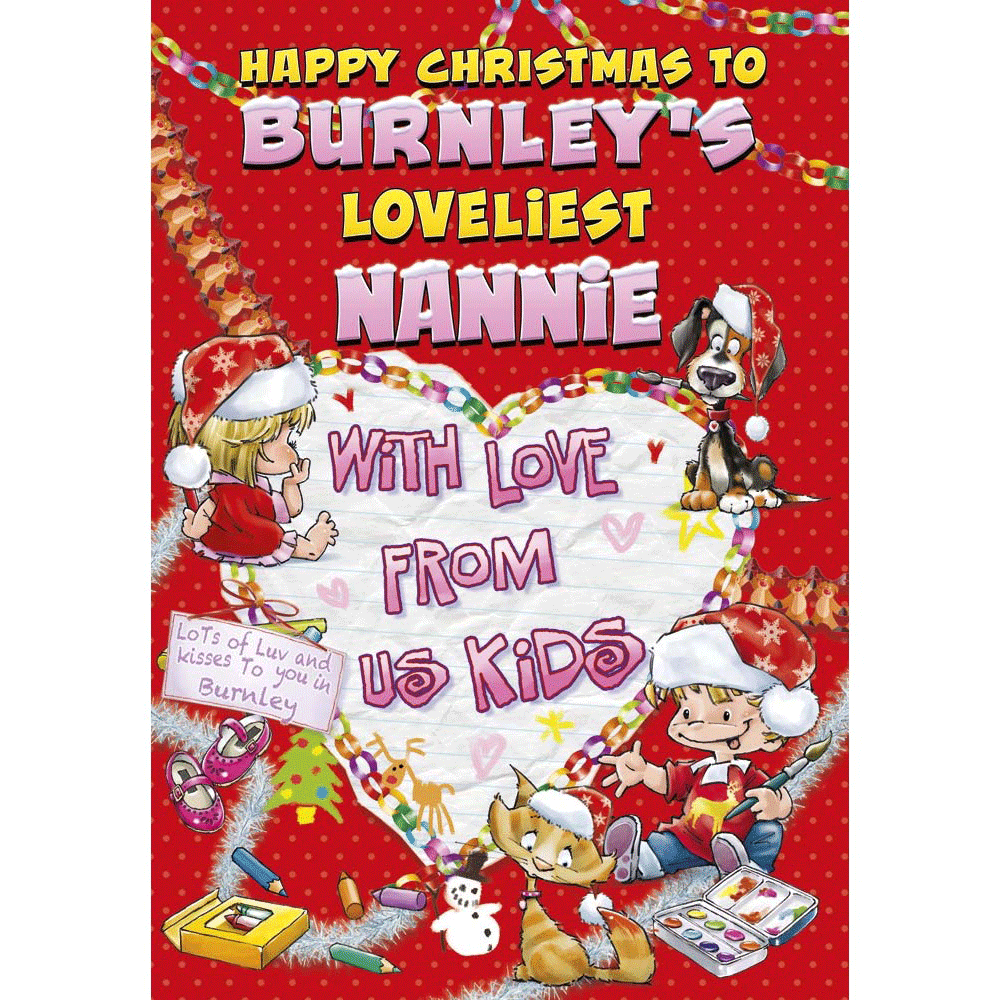 front of card showing a selection of different personalisations of this cartoon christmas card for a nannie