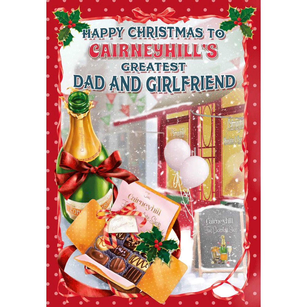 front of card showing a selection of different personalisations of this cartoon christmas card for a dad and girlfriend