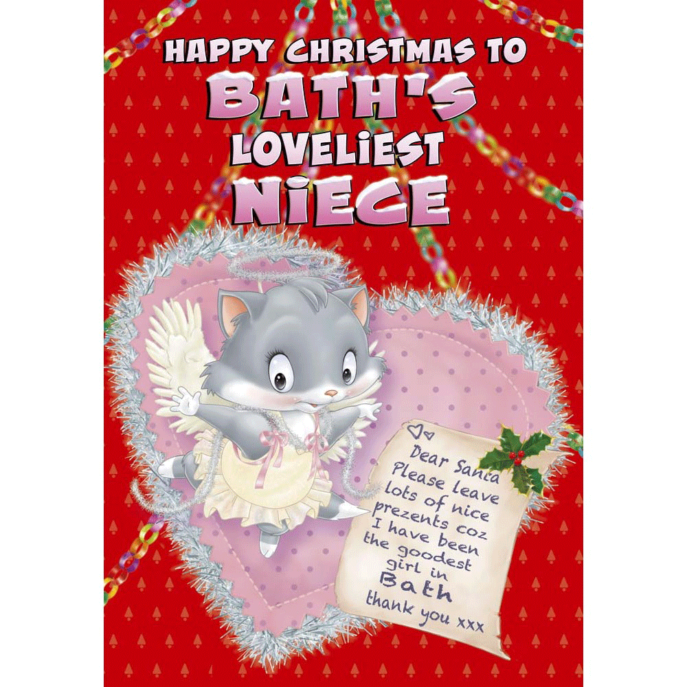 front of card showing a selection of different personalisations of this cartoon christmas card for a niece
