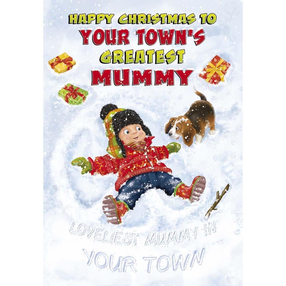 funny christmas card for a mummy with a colourful cartoon illustration