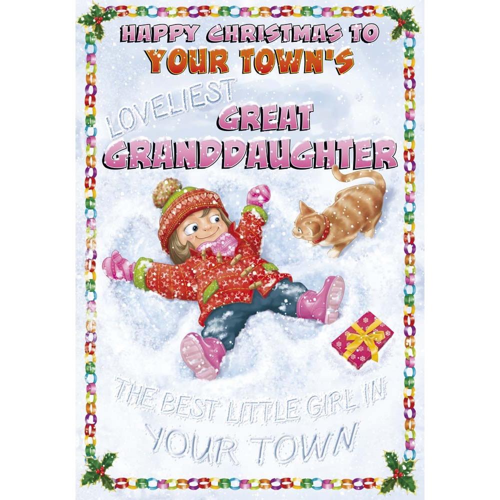 funny christmas card for a great granddaughter with a colourful cartoon illustration