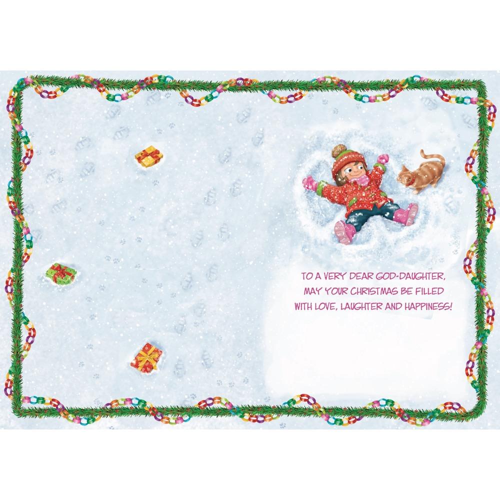 inside full colour cartoon illustration of christmas card for a goddaughter