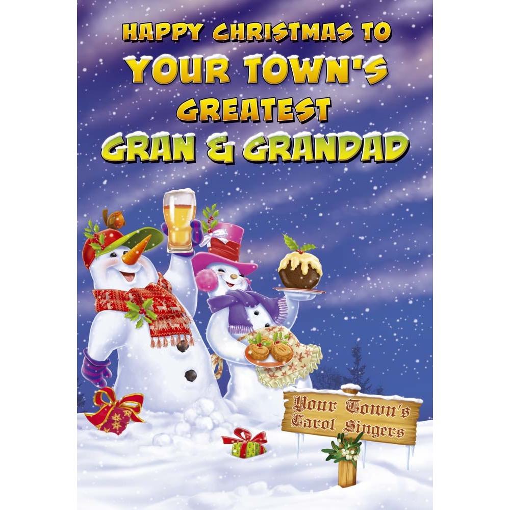 funny christmas card for a gran and grandad with a colourful cartoon illustration